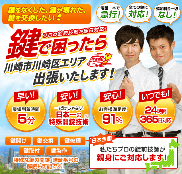 鍵で困ったら川崎市川崎区エリアへ出張いたします！