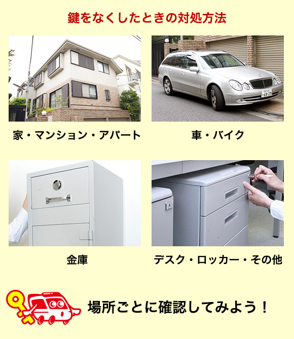 鍵をなくした時の対象方法。家、マンション、アパート、車、バイク、金庫、デスク、ロッカーなど